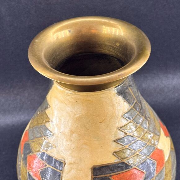 Vintage Enamel On Brass Geometric Vase Made In India - Picture 6 of 7